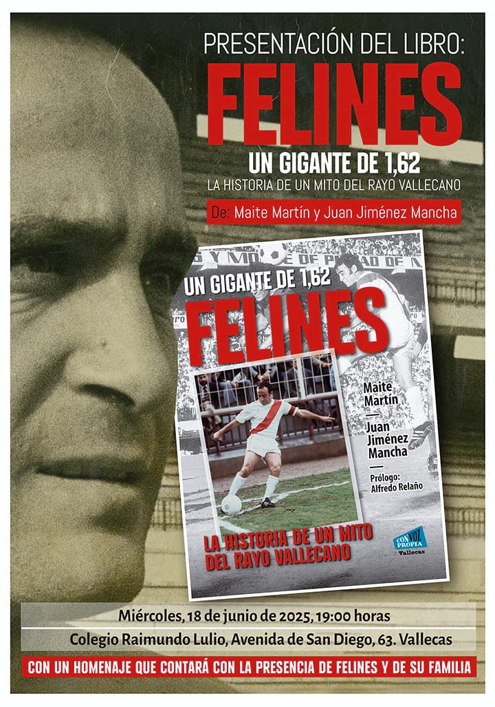⌛Falta 1 día!
🗓️Mañana miércoles presentamos la biografía 'Felines, un gigante de 1,62'
⚡El Lulio acogerá este homenaje para celebrar a un mito del Rayo, donde estará el protagonista, con su familia, vecinos, compañeros, aficionados...
❤️Sorpresas y mucha emoción
⚽Os esperamos
