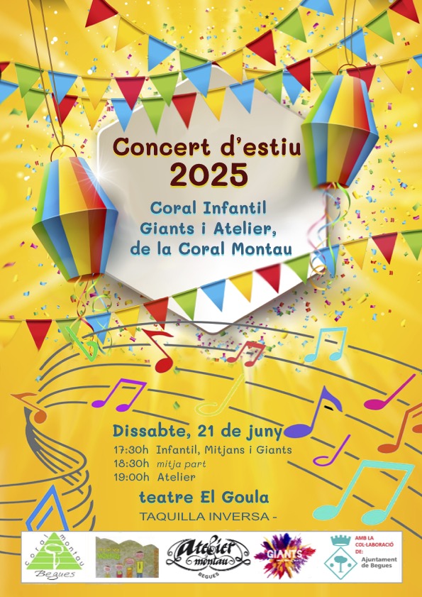 Ajuntament de Begues (@ajbegues) on Twitter photo 🗣 La coral infantil de la <a href="/CoralMontau/">Coral Montau Begues</a> i les formacions Giants i Atelier oferiran el tradicional concert d'estiu aquest dissabte, 21 de juny, a partir de les 17.30 h, al Teatre El Goula. Taquilla inversa 🎼
#Begues 🗣 La coral infantil de la <a href="/CoralMontau/">Coral Montau Begues</a> i les formacions Giants i Atelier oferiran el tradicional concert d'estiu aquest dissabte, 21 de juny, a partir de les 17.30 h, al Teatre El Goula. Taquilla inversa 🎼
#Begues