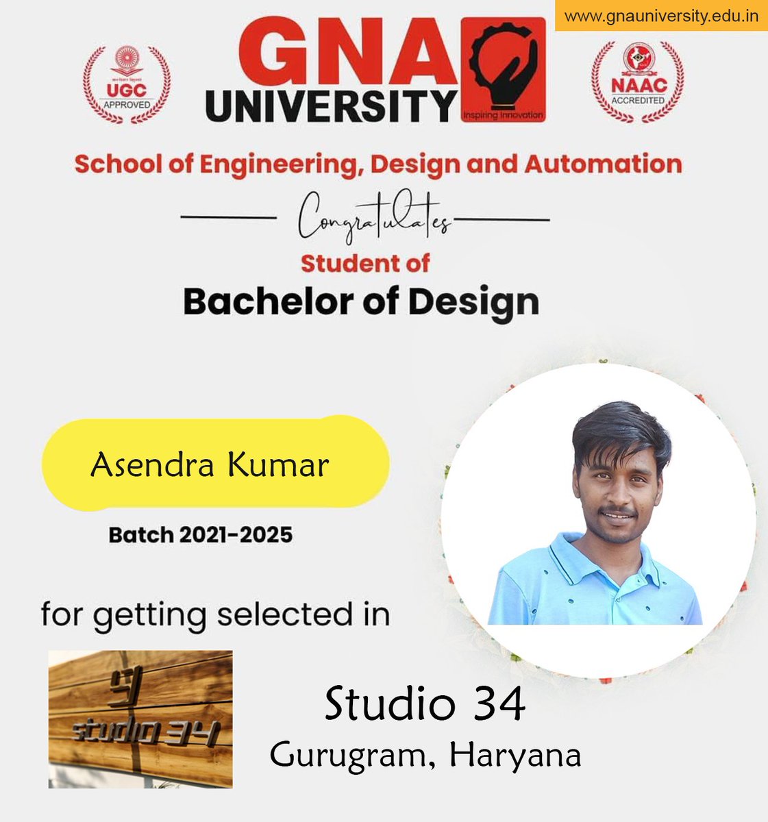 A big round of applause to our Bachelor of Design Student - Asendra Kumar for securing placement at Studio 34!

#GNAPride #StudentSuccess #GNAUniversity #bachelorofdesign #StudentAchievement #InspiringInnovation #placements