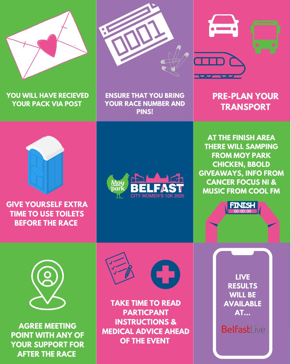 ⭐Important information ahead of the Moy Park Belfast City Women's 10k 💗

You will also have received participant instructions via email💌

Only 1 more day to go!

#Belfast #10k #NourishTheWinWithin #CancerFocusNI