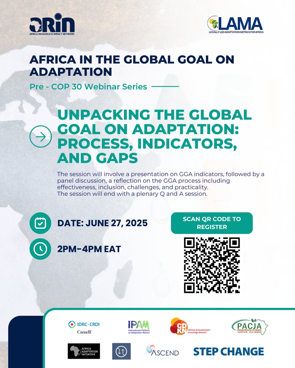 The <a href="/arin_africa/">Africa Research & Impact Network</a> , with <a href="/IDRC_CRDI/">IDRC | CRDI</a>  support, launches its Pre-COP 30 Webinar Series: "Africa in the Global Goal on Adaptation."
Join us on June 27, 2-4 PM EAT, to unpack the GGA process, indicators &amp; gaps with leading experts.

bit.ly/3TpYAzR #GGA  
#GGA #LLA