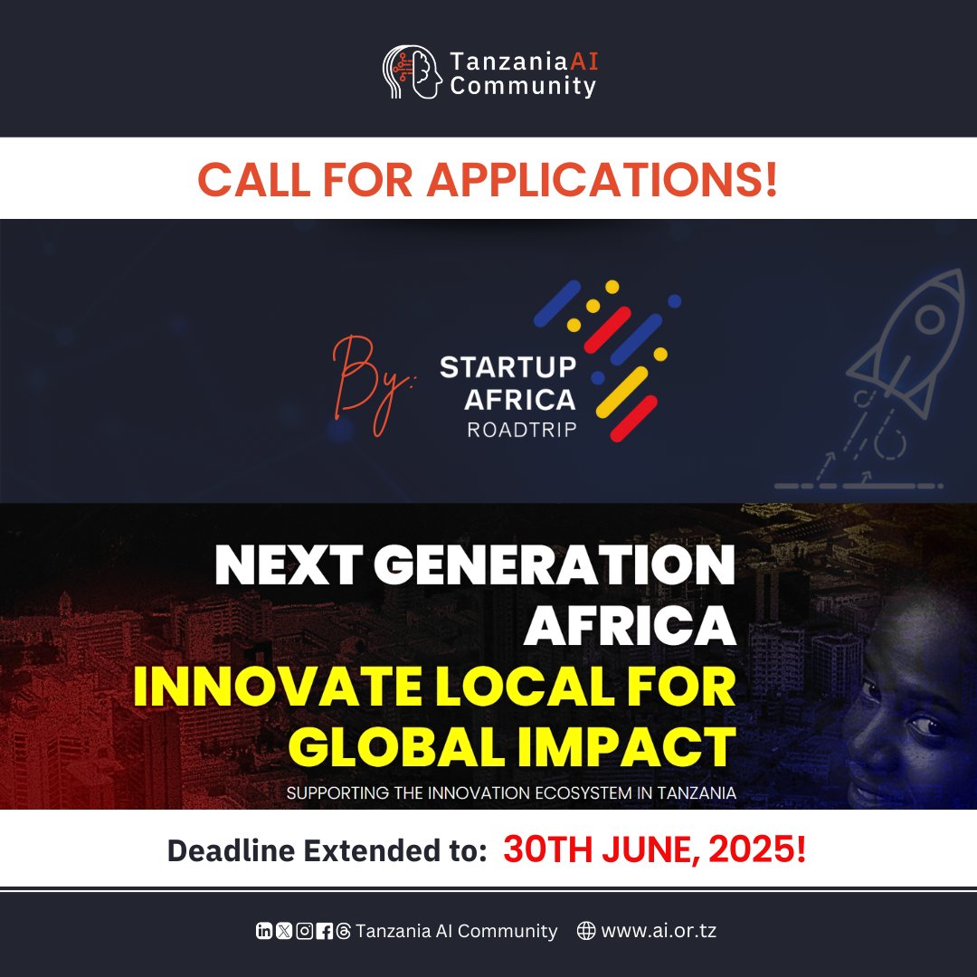 Tanzania AI Community (@aicommunitytz) on Twitter photo 📢 Opportunity Alert!
Apply for the <a href="/StartAfricaRoad/">StartupAfricaRoadtrip</a> #NextGenerationAfrica's flagship program!
➡️ 5-days Bootcamp in Dar es Salaam
➡️ Top 3 teams to travel to Italy in 2026 and connect with the Italian and European innovation ecosystem!
Read more: linkedin.com/feed/update/ur… 📢 Opportunity Alert!
Apply for the <a href="/StartAfricaRoad/">StartupAfricaRoadtrip</a> #NextGenerationAfrica's flagship program!
➡️ 5-days Bootcamp in Dar es Salaam
➡️ Top 3 teams to travel to Italy in 2026 and connect with the Italian and European innovation ecosystem!
Read more: linkedin.com/feed/update/ur…