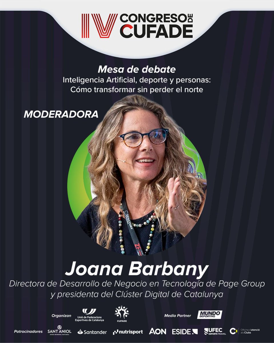 UFECcat's tweet photo. @CufadeOficial @jordimerino75 @FEEC_cat @fedme_es @bvillarrubia @PacoCubelos @gemmamengualciv @HelenaCondis @AureaRodriguezL @mrigall @NeemaBal 🎙️ Modera: @joanabarbany, Directora de Desenvolupament a PageGroup i presidenta de Digital Catalonia Alliance

📍 Una conversa que uneix intel·ligència, tecnologia i lideratge amb mirada humana.

🎟️ Entrades disponibles: https://t.co/TK3Heir9cd

#SomEsport #CUFADE https://t.co/unLI17OeAA