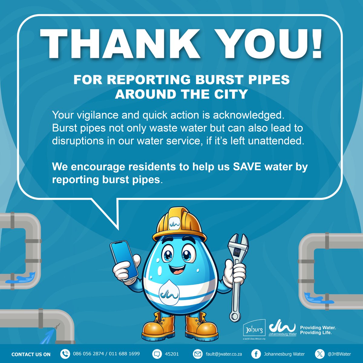 JHBWater's tweet photo. Burst pipe? Don’t wait — report it!
Leaking or burst pipes waste thousands of litres of water and can damage infrastructure.
📧Email: fault@jwater.co.za
📞Call: 011 688 1699
#JoziSaveWater #ReportLeaks https://t.co/HNmQOJoB64