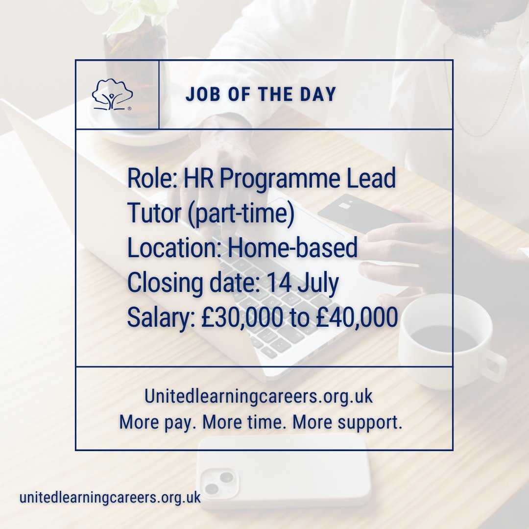 📣 Job of the day 📣 

We're seeking an HR Programme Lead Tutor.

If this could be you, find out more and view our vacancies: ow.ly/1R5U50W8wVo

#JobOfTheDay #NowHiring #JobSearch #Hiring #Vacancy #ApplyNow #Education #OpenToWork #Jobs2Apply4 #JOTD