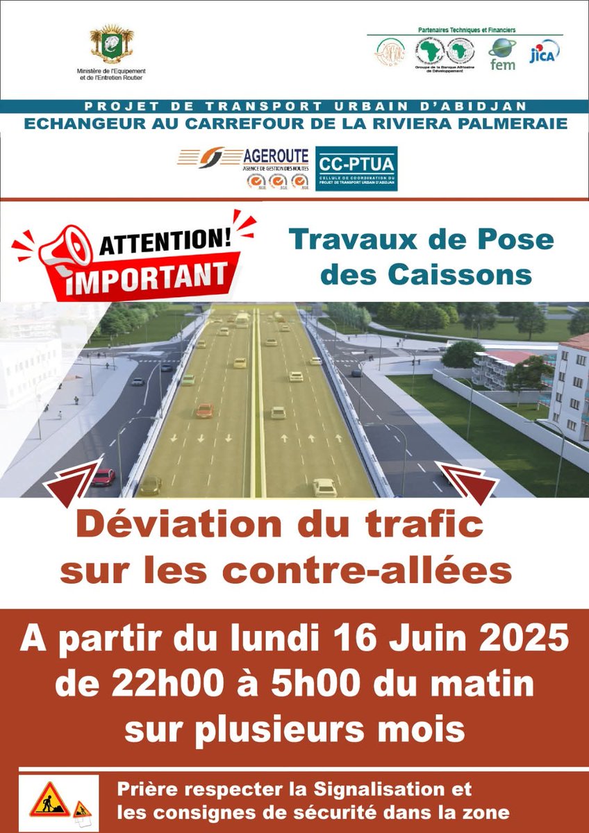 🇨🇮📢 𝗜𝗡𝗙𝗢𝗥𝗠𝗔𝗧𝗜𝗢𝗡 𝗜𝗠𝗣𝗢𝗥𝗧𝗔𝗡𝗧𝗘 ⚠️

𝗧𝗥𝗔𝗩𝗔𝗨𝗫 𝗘𝗡 𝗖𝗢𝗨𝗥𝗦 𝗗𝗘𝗦 𝟬𝟯 𝗘𝗖𝗛𝗔𝗡𝗚𝗘𝗨𝗥𝗦 𝗗𝗨 𝗣𝗧𝗨𝗔 𝗦𝗨𝗥 𝗟𝗘 𝗕𝗢𝗨𝗟𝗘𝗩𝗔𝗥𝗗 𝗞𝗢𝗙𝗙𝗜 𝗚𝗔𝗗𝗘𝗔𝗨 (𝗘𝗫 𝗠𝗜𝗧𝗧𝗘𝗥𝗔𝗡𝗗)

Dans le cadre de la construction de 03 Echangeurs concernant le