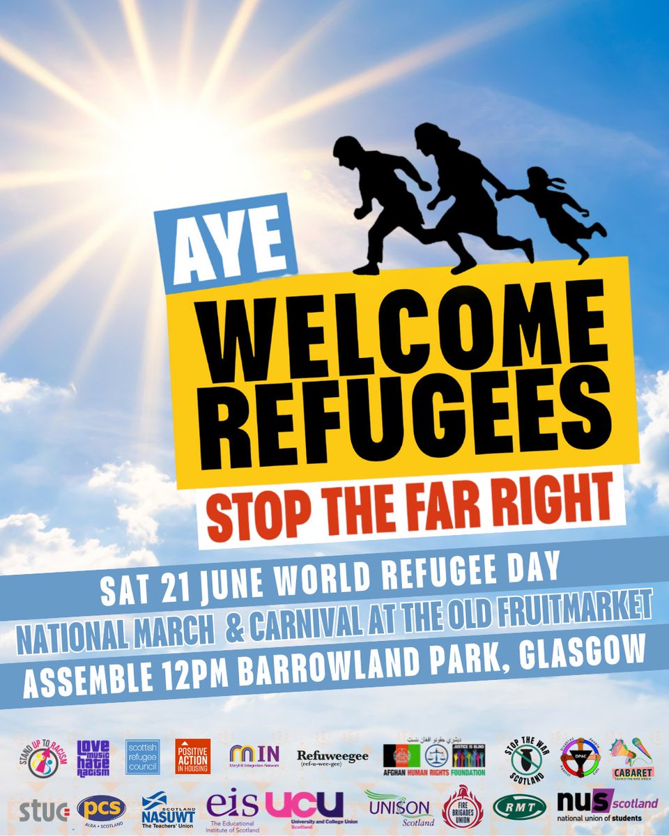 UCU Scotland (@ucuscotland) on Twitter photo UCU Scotland is proud to support Saturday's <a href="/SUTRScotland/">Stand Up to Racism - Scotland</a> national demonstration in Glasgow: Aye Welcome Refugees - Stop the Far Right. Sat 21 June, assemble 12noon Barrowland Park and music and carnival from 2.30 at the Old Fruitmarket #AyeWelcomeRefugees #StopTheFarRight UCU Scotland is proud to support Saturday's <a href="/SUTRScotland/">Stand Up to Racism - Scotland</a> national demonstration in Glasgow: Aye Welcome Refugees - Stop the Far Right. Sat 21 June, assemble 12noon Barrowland Park and music and carnival from 2.30 at the Old Fruitmarket #AyeWelcomeRefugees #StopTheFarRight