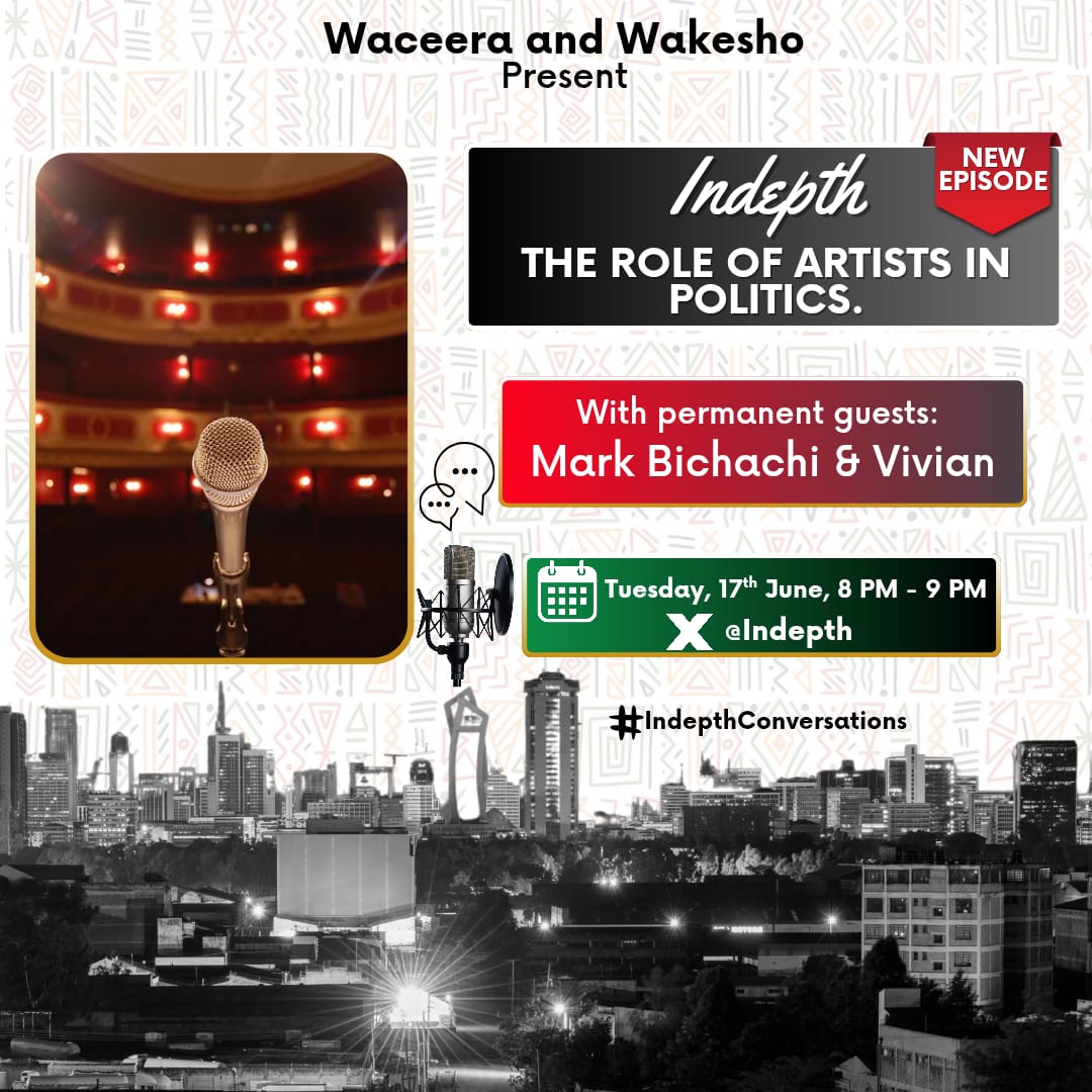 Indepth (@indepthconv) on Twitter photo Artists shape minds and move crowds—what happens when they step into politics? Join <a href="/MarkBichachi/">Mark Bichachi</a> and <a href="/vivianne_ke/">Wambui Ndirangu</a> on #IndepthConversations tonight from 8 to 9 PM on X space
x.com/i/spaces/1mnGe… Artists shape minds and move crowds—what happens when they step into politics? Join <a href="/MarkBichachi/">Mark Bichachi</a> and <a href="/vivianne_ke/">Wambui Ndirangu</a> on #IndepthConversations tonight from 8 to 9 PM on X space
x.com/i/spaces/1mnGe…