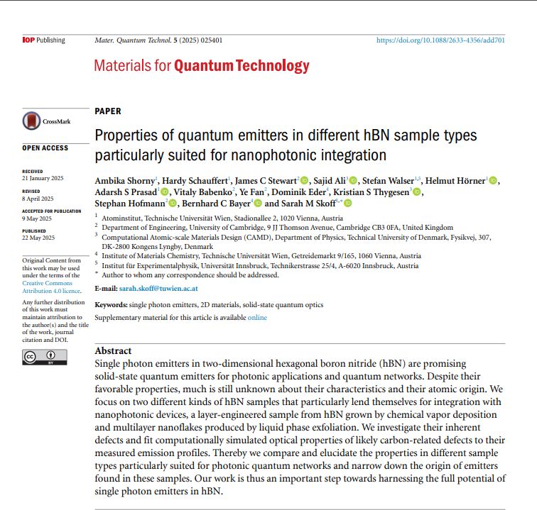 Bernhard C. Bayer (@nanobayer) on Twitter photo New paper led by Sarah M. Skoff <a href="/skofflab/">Sarah M. Skoff</a> on the properties of #quantum emitters in different hBN sample types particularly suited for #nanophotonic integration! 🎇
doi.org/10.1088/2633-4…
#Atominstitut <a href="/tu_wien/">TU Wien</a> & <a href="/chemistry_tuw/">Faculty of Technical Chemistry, TU Wien</a> & also <a href="/Cambridge_Eng/">Engineering Dept</a> <a href="/DTUtweet/">DTU</a>
#FFG #PhoQus2D New paper led by Sarah M. Skoff <a href="/skofflab/">Sarah M. Skoff</a> on the properties of #quantum emitters in different hBN sample types particularly suited for #nanophotonic integration! 🎇
doi.org/10.1088/2633-4…
#Atominstitut <a href="/tu_wien/">TU Wien</a> & <a href="/chemistry_tuw/">Faculty of Technical Chemistry, TU Wien</a> & also <a href="/Cambridge_Eng/">Engineering Dept</a> <a href="/DTUtweet/">DTU</a>
#FFG #PhoQus2D