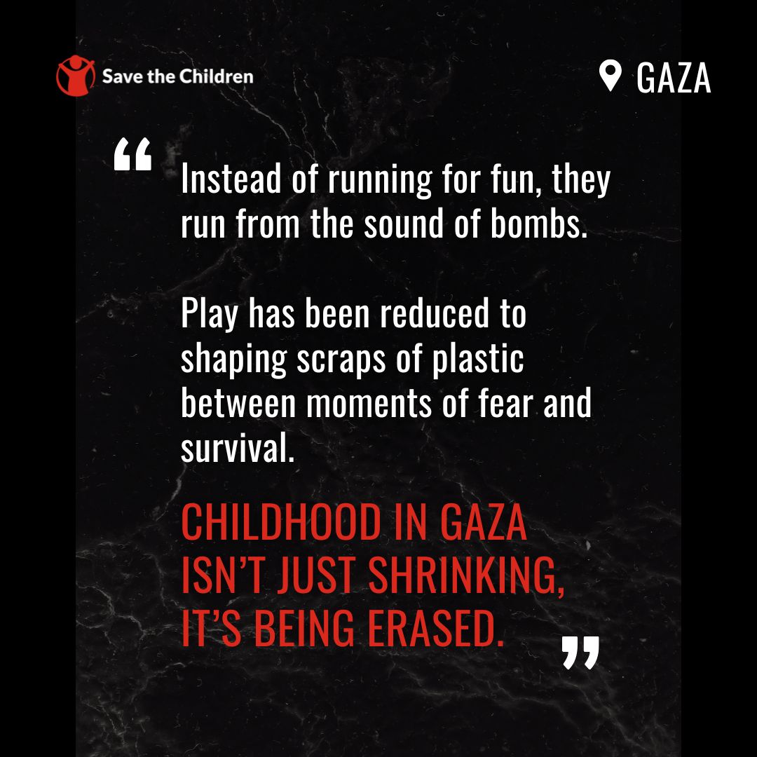 In #Gaza, the sound of children's laughter has been replaced by the roar of bombs. 

Playgrounds have become shelters. Classrooms lie in rubble. And childhood itself is being erased💔

Gaza’s children need peace &amp; the promise of a future❤️

Read more➡️ bit.ly/3SJqxT8