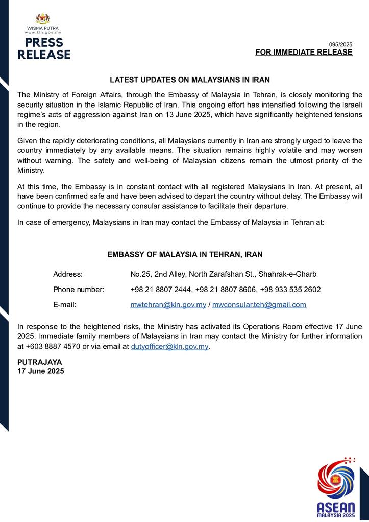 MalaysiaMFA's tweet image. PRESS RELEASE: LATEST UPDATES ON MALAYSIANS IN IRAN