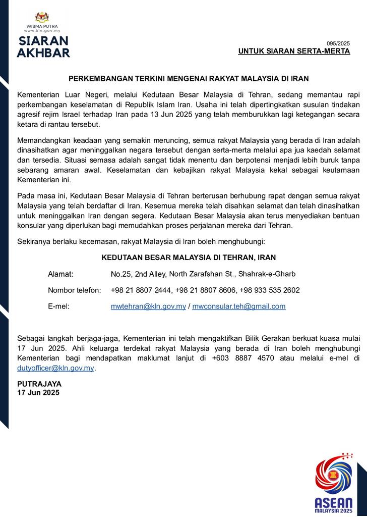 MalaysiaMFA's tweet image. PRESS RELEASE: LATEST UPDATES ON MALAYSIANS IN IRAN