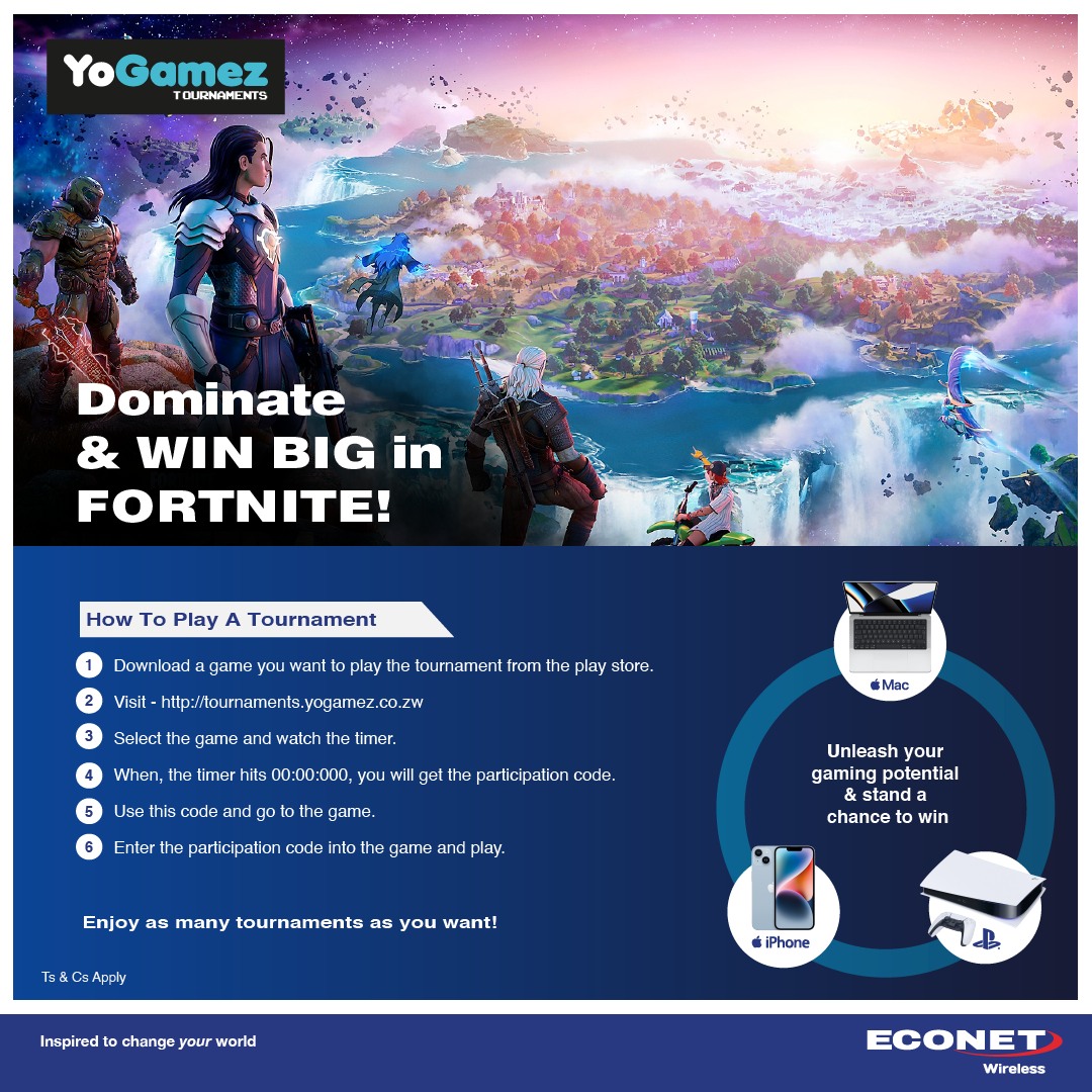 Step into the action with YoGamez Tournaments and stand a chance to WIN BIG.

Visit tournaments.yogamez.co.zw and register.

Enjoy as many tournaments as you want.