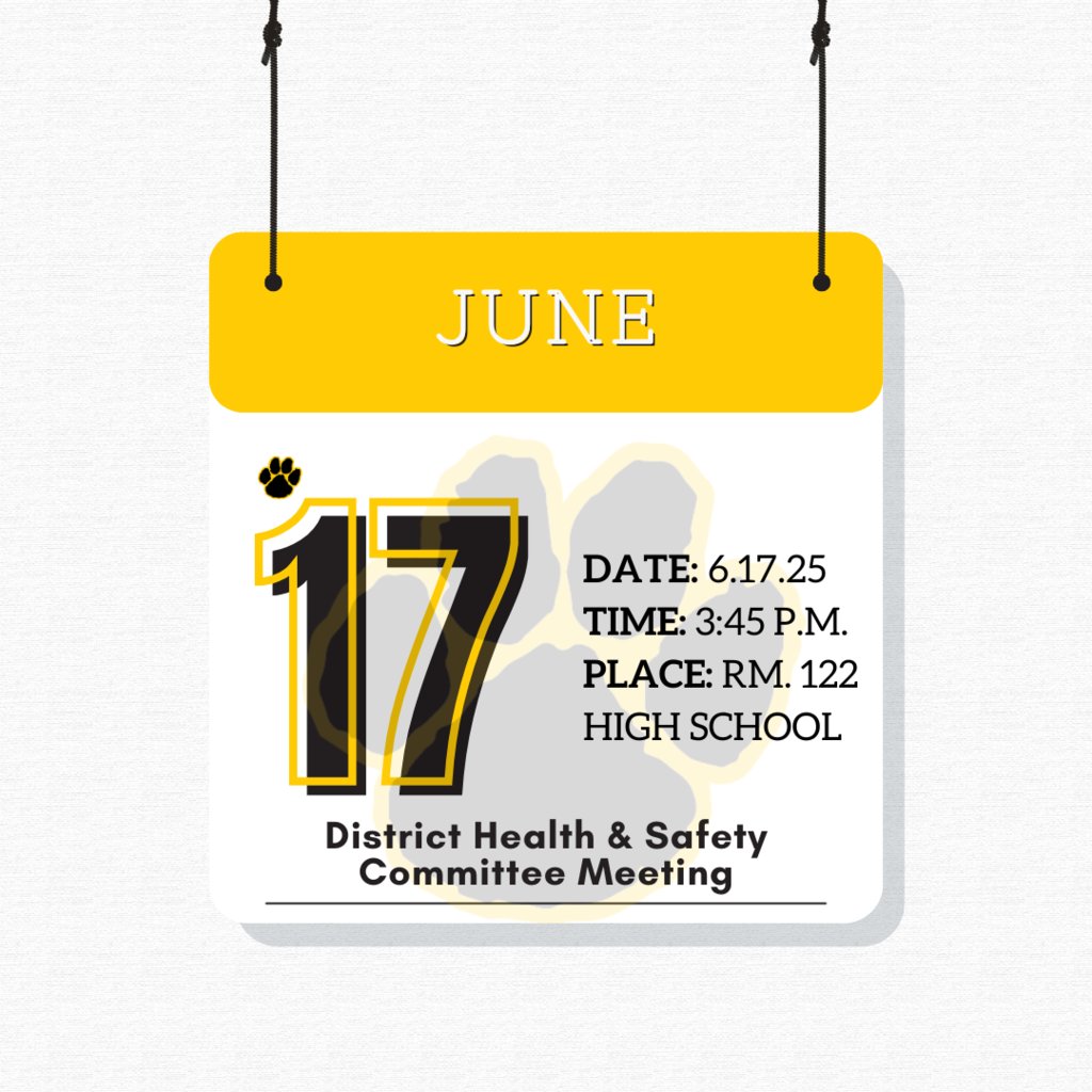 The next District Health &amp; Safety Committee Meeting is today!

📅 Date: June 17, 2025
🕒 Time: 3:45 PM
📍 Location: Room 122, High School

All are welcome to attend as we work together to keep our schools safe and healthy!
#WeAreHFL 🐾