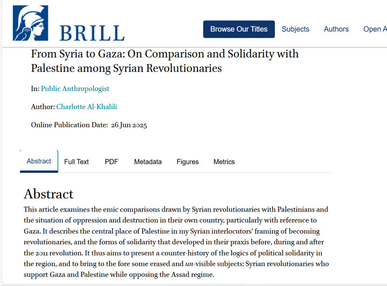 Sussex Global๐ณ๏ธโ๐โ๐ฝโ๐พโ๐ฟ (@sussexglobal) on Twitter photo From Syria to Gaza: On Comparison and Solidarity with Palestine among Syrian Revolutionaries
โ๏ธ<a href="/SussexAnthropol/">Sussex Anthropology๐ณ๏ธโ๐โ๐ฝโ๐พโ๐ฟ</a>'s Charlotte Al-Khalili writes about Syrian revolutionaries who support Gaza and Palestine while opposing the Assad regime.
Read more: tinyurl.com/2fjk7pxe From Syria to Gaza: On Comparison and Solidarity with Palestine among Syrian Revolutionaries
โ๏ธ<a href="/SussexAnthropol/">Sussex Anthropology๐ณ๏ธโ๐โ๐ฝโ๐พโ๐ฟ</a>'s Charlotte Al-Khalili writes about Syrian revolutionaries who support Gaza and Palestine while opposing the Assad regime.
Read more: tinyurl.com/2fjk7pxe