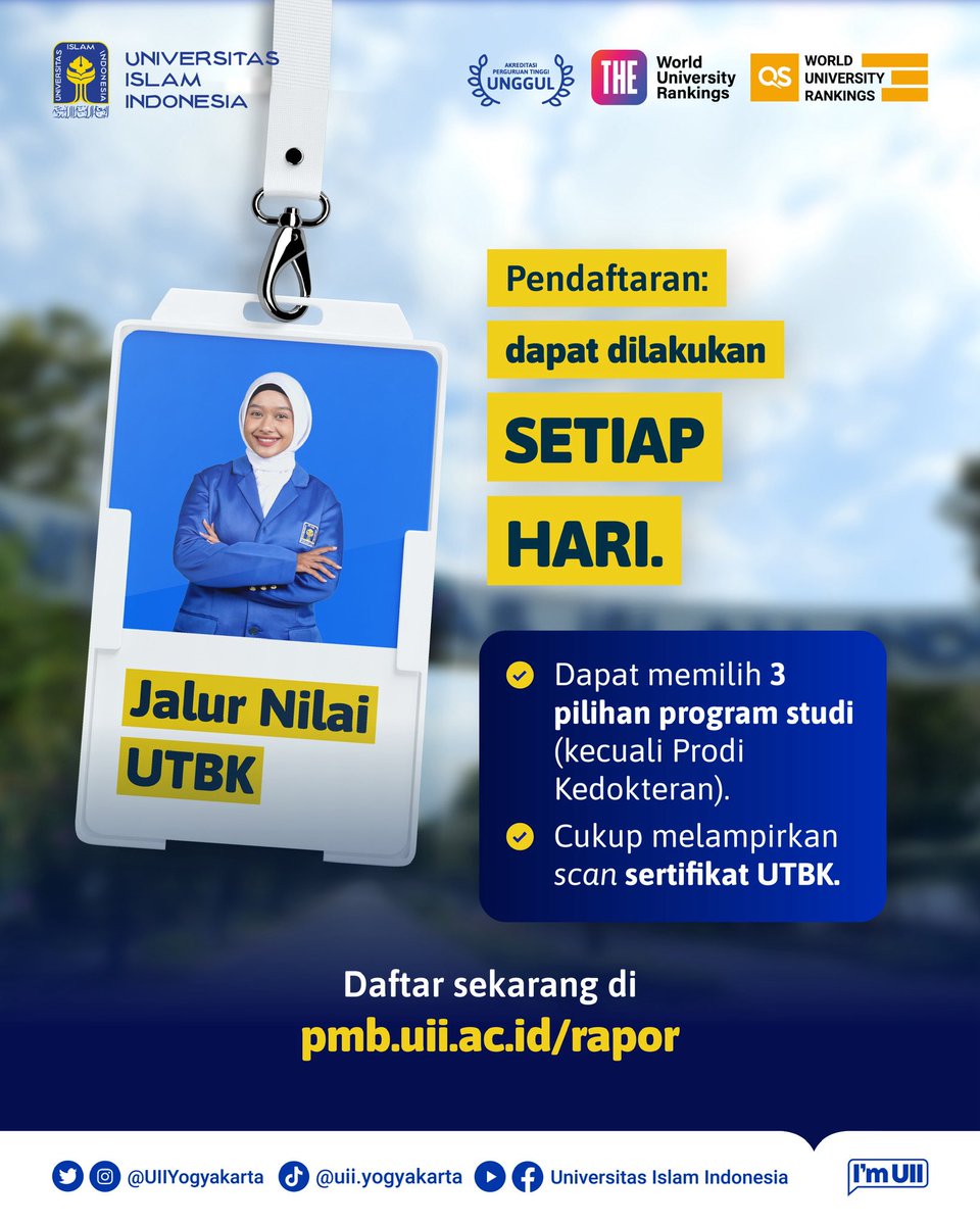 Daftarnya mudah, tanpa minimal skor 🤩
Gabung ke UII dengan jalur ini 👇🏻

pmb.uii.ac.id/rapor