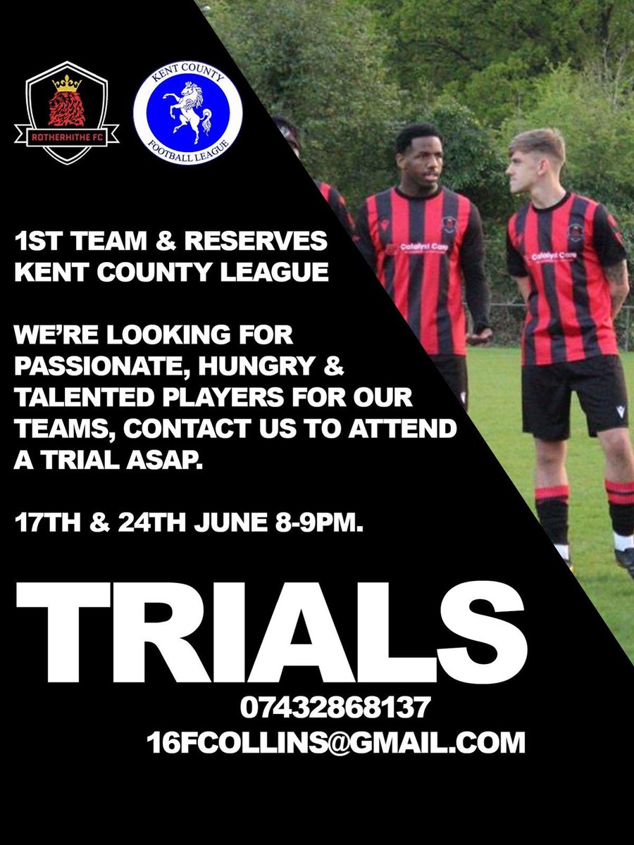 RotherhitheFc's tweet photo. TRIALS!!!!

Get in contact asap if you wanna be part of our squad for the 25/26 season, we’re looking for all ages 16+, passionate, hungry to win &amp; talented players to add to our already talented squad. With a busy pre-season schedule in July and August 
@KCFL1516 @BASLFL https://t.co/kcW5TXuehi