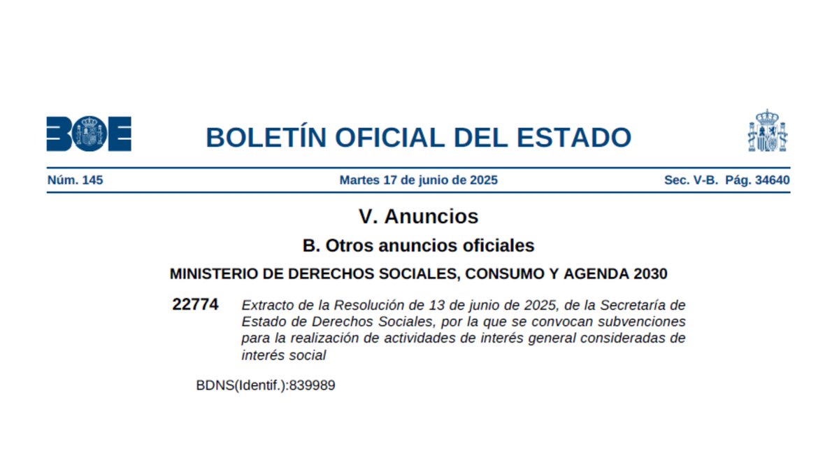 🔴 Publicada la CONVOCATORIA DE SUBVENCIONES DEL 0,7 para la realización de actividades de interés general consideradas de interés social correspondientes al año 2025. 

plataformatercersector.es/publicada-conv…