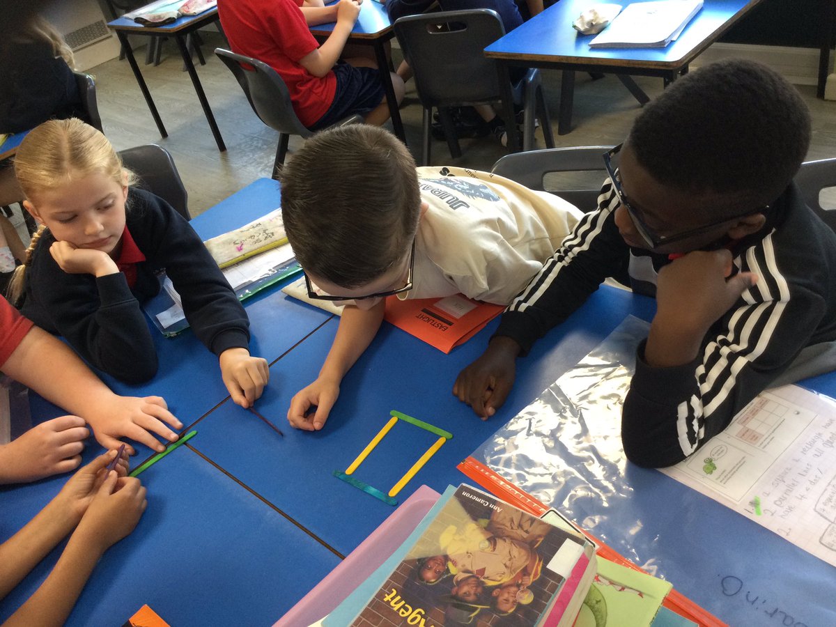 The children are investigating what 2-D shapes can be made with lolly sticks this morning. Can we name them? #STMMaths