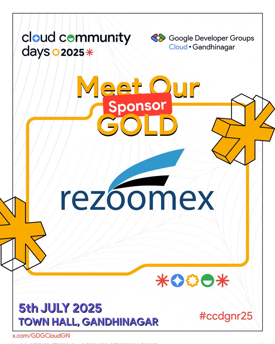 GDG Cloud Gandhinagar (@gdgcloudgn) on Twitter photo ๐จ Sponsor Alert! ๐จ
Weโre excited to welcome <a href="/Rezoomex/">Rezoomex</a> as a Golden Sponsor for #GCCDGandhinagar2025!
Join us on July 5 at Town Hall, Gandhinagar for a day of cloud-native tech, networking, and community power! โ๏ธโก
๐๏ธ Register: konfhub.com/ccdgn-2025
#GoogleCloud #Rezoomex ๐จ Sponsor Alert! ๐จ
Weโre excited to welcome <a href="/Rezoomex/">Rezoomex</a> as a Golden Sponsor for #GCCDGandhinagar2025!
Join us on July 5 at Town Hall, Gandhinagar for a day of cloud-native tech, networking, and community power! โ๏ธโก
๐๏ธ Register: konfhub.com/ccdgn-2025
#GoogleCloud #Rezoomex