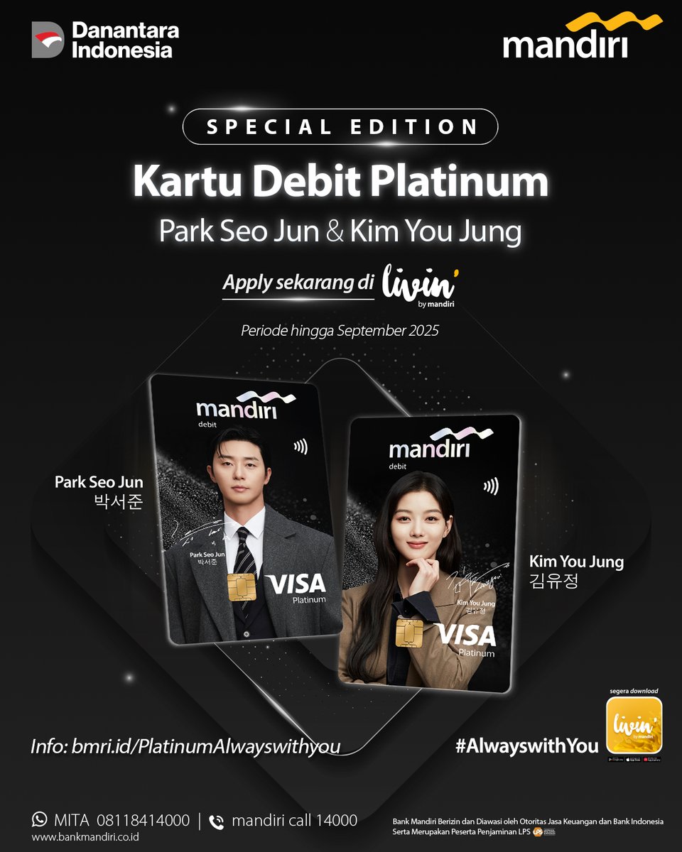 bankmandiri's tweet photo. Satu Kartu untuk menemani di setiap perjalananmu ✨
Apply dan ganti kartumu sekarang dengan design eksklusif terbaru Mandiri Debit Platinum Edisi Spesial Park Seo Jun & Kim You Jung dan nikmati pengalaman bertransaksi yang lebih spesial, di mana pun dan kapan pun 💳
Tersedia hingga September 2025
*Info: https://t.co/beh2vIXChm
Bank Mandiri berizin dan diawasi oleh Otoritas Jasa Keuangan dan Bank Indonesia, serta merupakan peserta penjaminan LPS.
#AlwayswithYou
#BeyondSuperAPP
#DebitinpakeMandiri
#Livin #LivinbyMandiri
#BankMandiri