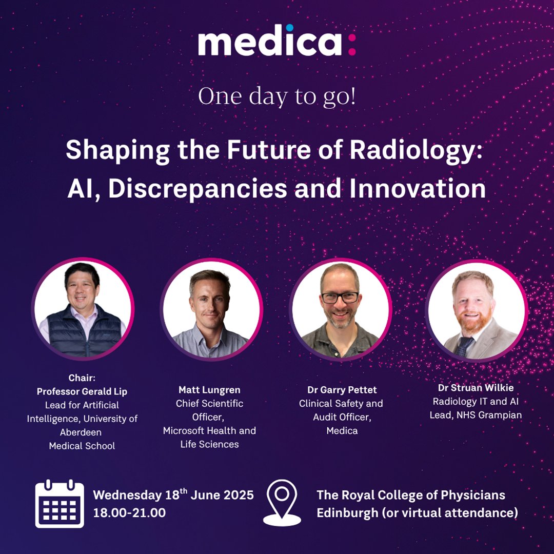 One day to go!

Join us tomorrow in Edinburgh (or virtually) for Shaping the Future of Radiology: AI, Discrepancies &amp; Innovation — Medica’s free, CPD-accredited event.

Last chance to register: medica.co.uk/shaping-the-fu…