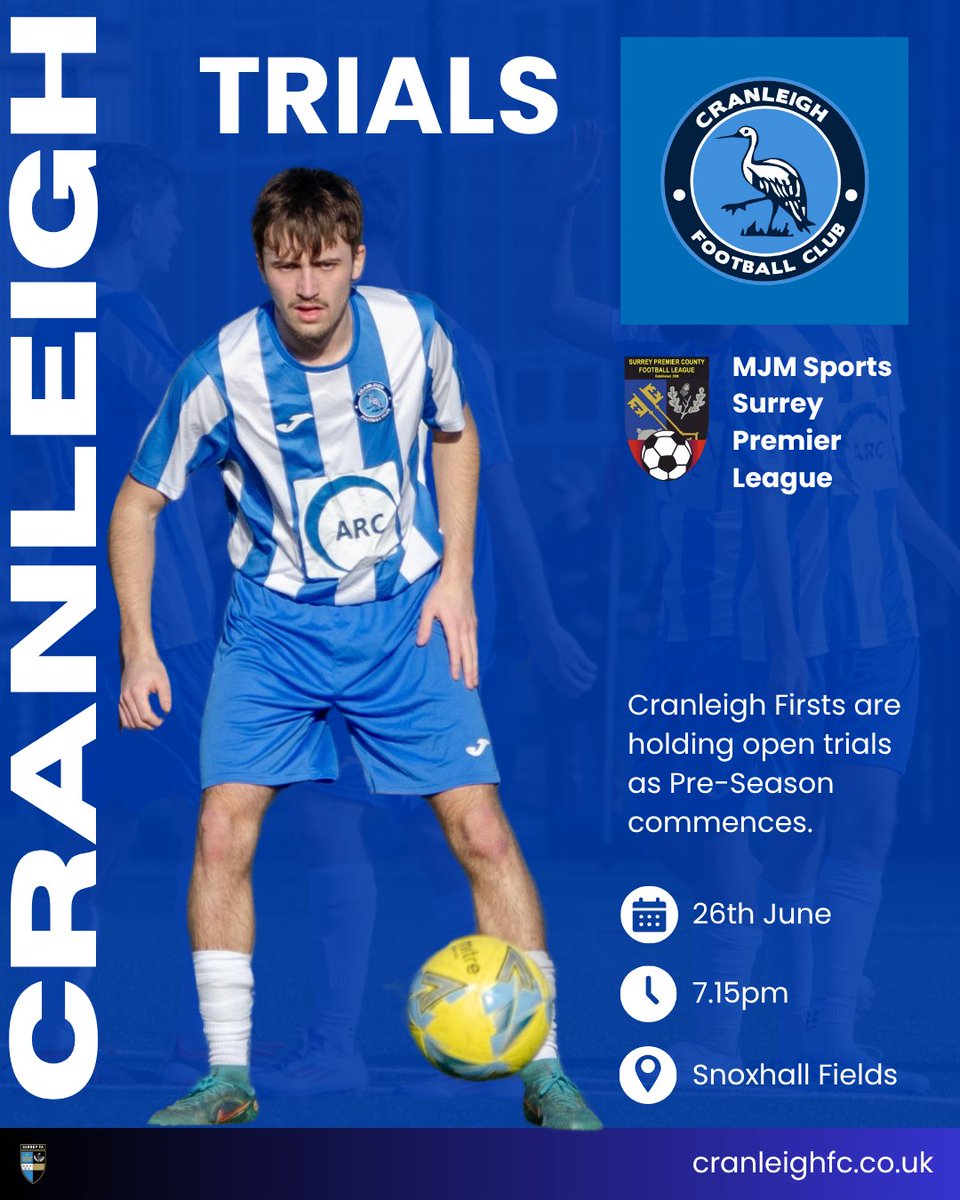 TRIALS: Our Pre-Season kicks off on 26th June and we're inviting players with something to prove to join our open trials. More details here &gt; cranleighfc.co.uk/2025/06/17/cra… #football #nonleague #opentrials