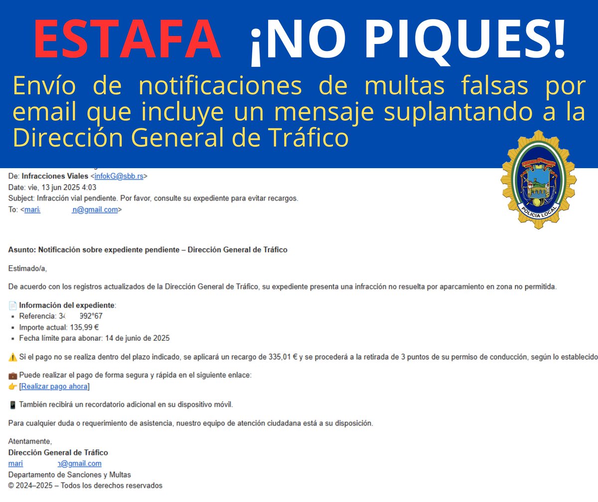 🚨 ¡OJO! Circulan emails falsos suplantando a la <a href="/DGTes/">Dir. Gral. Tráfico</a> con notificaciones de multas.

📩 Es una estafa: NO PIQUES.
❌ No hagas clic
❌ No descargues archivos
✅ Borra el mensaje

Consulta siempre en canales oficiales.
#NoPiques #EstafaDGT #Ciberseguridad