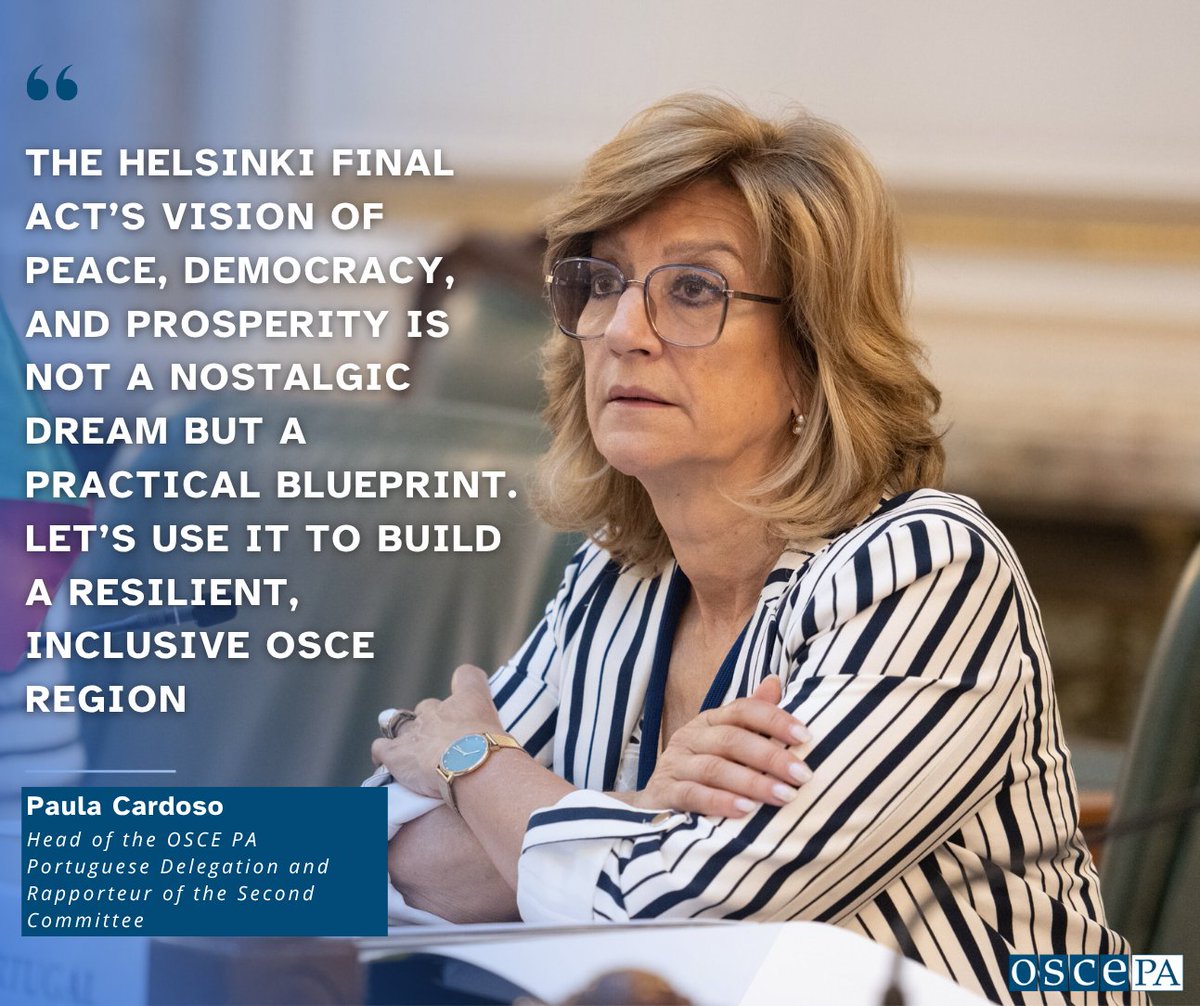 🌍 Ahead of the OSCE PA Porto Annual Session and 50 years since the Helsinki Final Act, Head of 🇵🇹 Delegation and Rapporteur of 2nd Committee Paula Cardoso calls for renewed multilateral action on #climate, #energy &amp; #migration.

🔗 Read more: oscepa.org/en/news-a-medi…