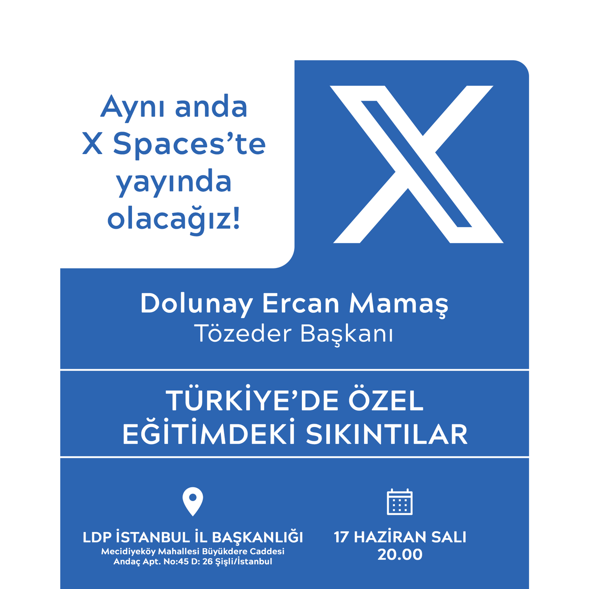 LDP İstanbul İl Başkanlığı (@liberallerist) on Twitter photo Tözeder Başkanı Dolunay Ercan Mamaş'ın katılımıyla 17 Haziran Salı günü 20.00'da gerçekleştireceğimiz "TÜRKİYE'DE ÖZEL EĞİTİMDEKİ SIKINTILAR" konulu programımıza bütün halkımız davetlidir. Yorum ve katkı sunmak isteyen vatandaşlarımızı İl Başkanlığımıza bekleriz. <a href="/OsmanCemUzun1/">Osman Cem Uzun</a> Tözeder Başkanı Dolunay Ercan Mamaş'ın katılımıyla 17 Haziran Salı günü 20.00'da gerçekleştireceğimiz "TÜRKİYE'DE ÖZEL EĞİTİMDEKİ SIKINTILAR" konulu programımıza bütün halkımız davetlidir. Yorum ve katkı sunmak isteyen vatandaşlarımızı İl Başkanlığımıza bekleriz. <a href="/OsmanCemUzun1/">Osman Cem Uzun</a>