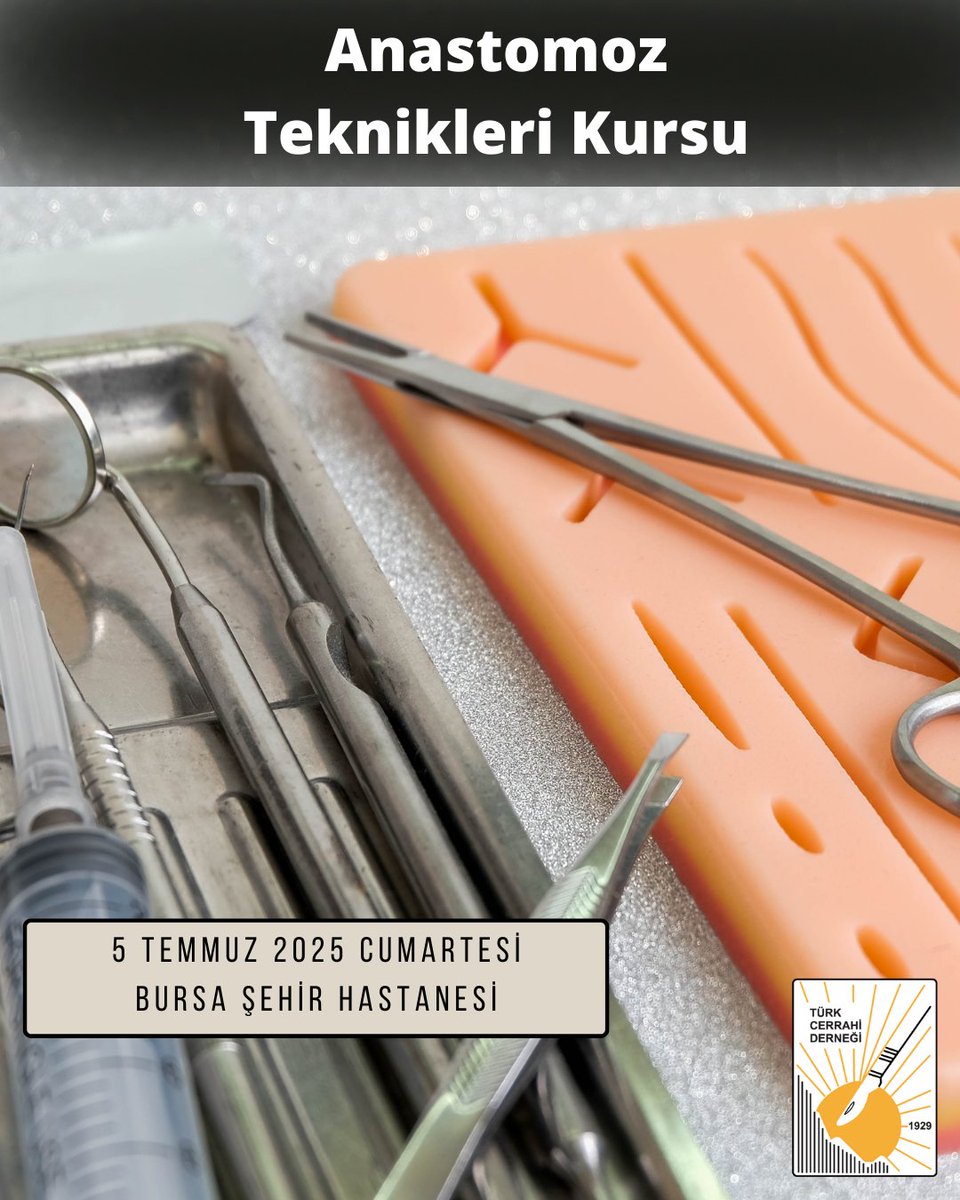 Anastomoz Teknikleri Kursu 5 Temmuz 2025 tarihinde Bursa Şehir Hastanesi’nde gerçekleşecektir.

turkcer.org.tr/kurs/33-anasto…

#Anastomoz #CerrahiEğitim #BursaŞehirHastanesi #TıpEğitimi #CerrahiTeknikler #AnastomozKursu #SürekliTıpEğitimi