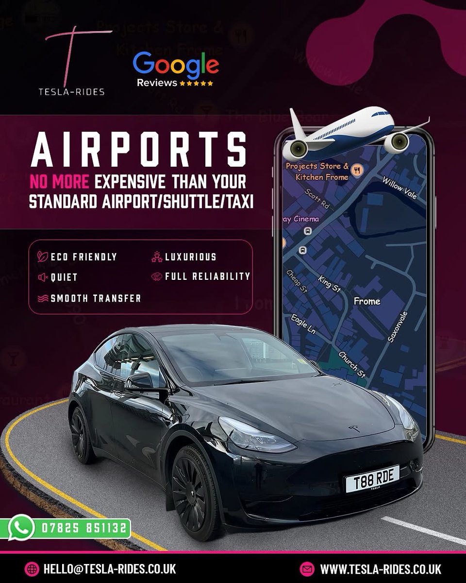 TeslaRidesUk's tweet photo. Going on holiday soon? For hassle free airport transfers ride with us! ✈️ 

5 star rated on Google and Facebook.
Smooth, modern vehicles.
No more expensive than your standard taxi/airport shuttle. 

WhatsApp 07825 851132 with details. 

#wiltshire #frome #bath https://t.co/5ejR2S62Rv