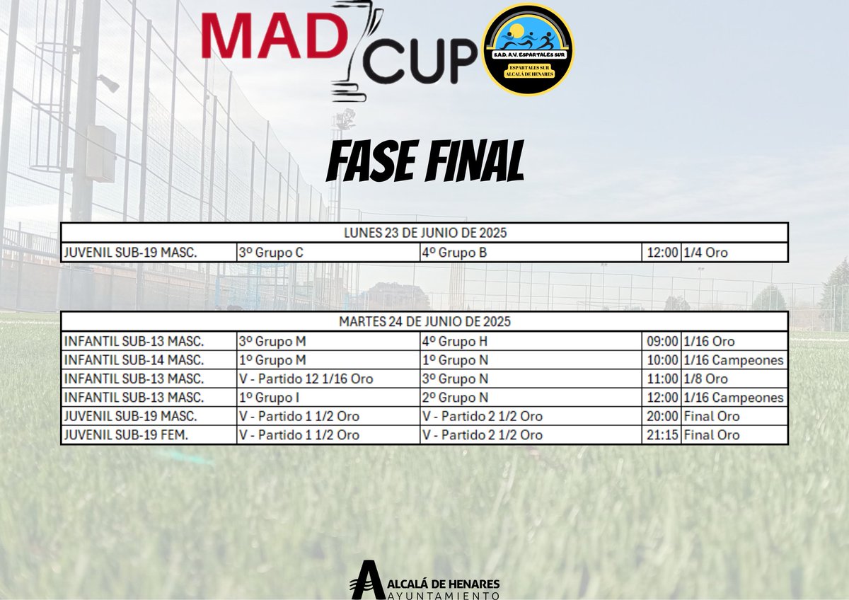 SAD Espartales Sur (@sad_espartales) on Twitter photo Se acerca la MadCup 2025, os dejamos los partidos que se disputarán en nuestro campo de fútbol.
<a href="/AytoAlcalaH/">Ayuntamiento de Alcalá de Henares</a> Se acerca la MadCup 2025, os dejamos los partidos que se disputarán en nuestro campo de fútbol.
<a href="/AytoAlcalaH/">Ayuntamiento de Alcalá de Henares</a>