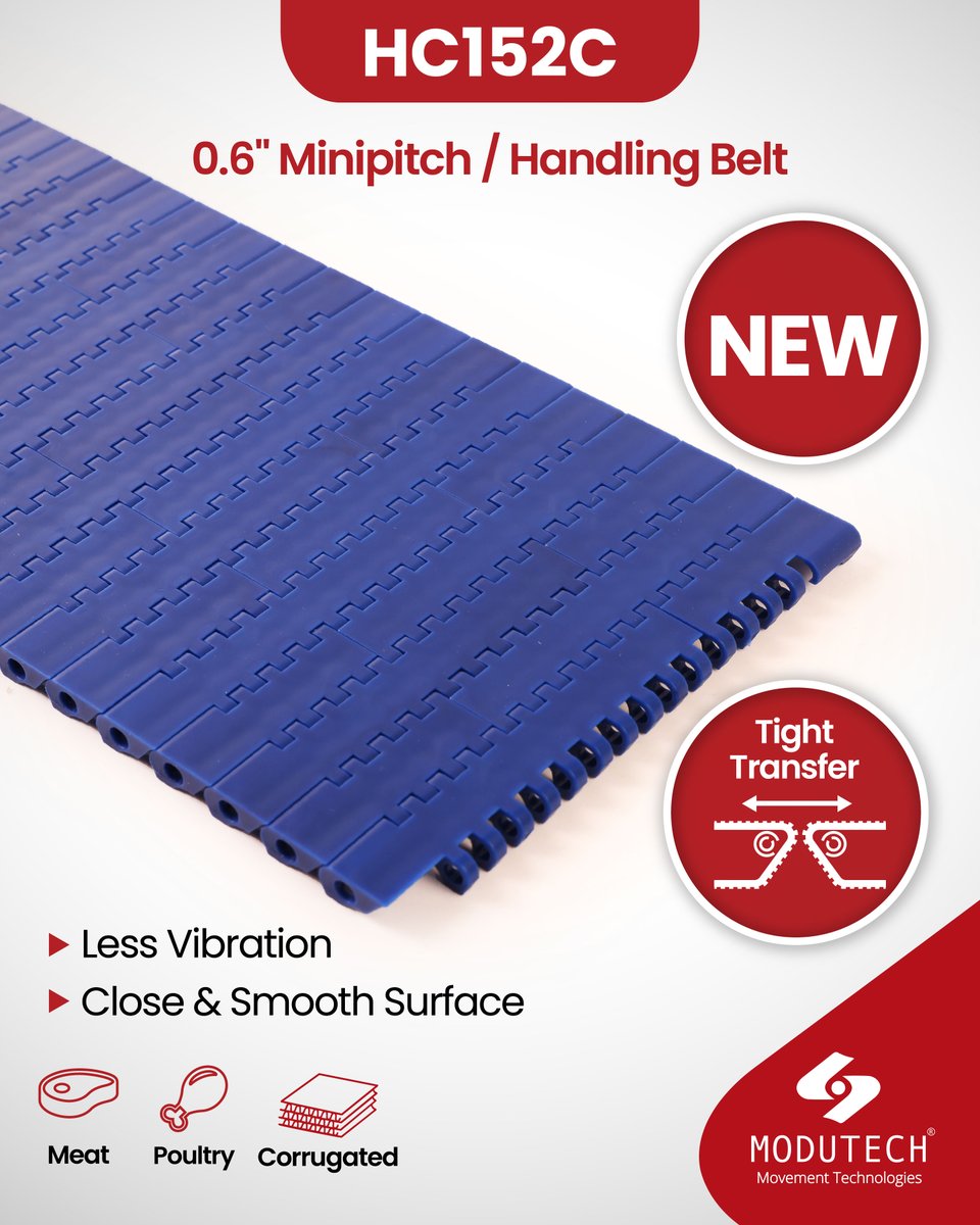 modutechtr's tweet image. Introducing the HC152 — redefine your production line with efficient, gentle product handling.

This strong, lightweight, and smooth-running belt is ideal fora wide rangeof conveying applications and perfectly suited for the demands of meat and poultry processing.

#Modutech