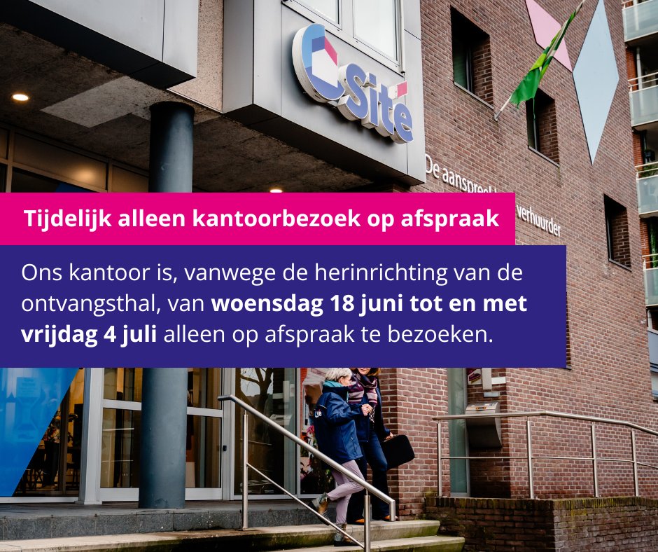 Om huurders en andere bezoekers nog beter te kunnen ontvangen, wordt de ontvangsthal van ons kantoor opnieuw ingericht. Daarom is van 18 juni tot en met 4 juli ons kantoor alleen te bezoeken op afspraak. U maakt een afspraak via (0314) 37 20 00 of stuur een mail naar site@swd.nl.