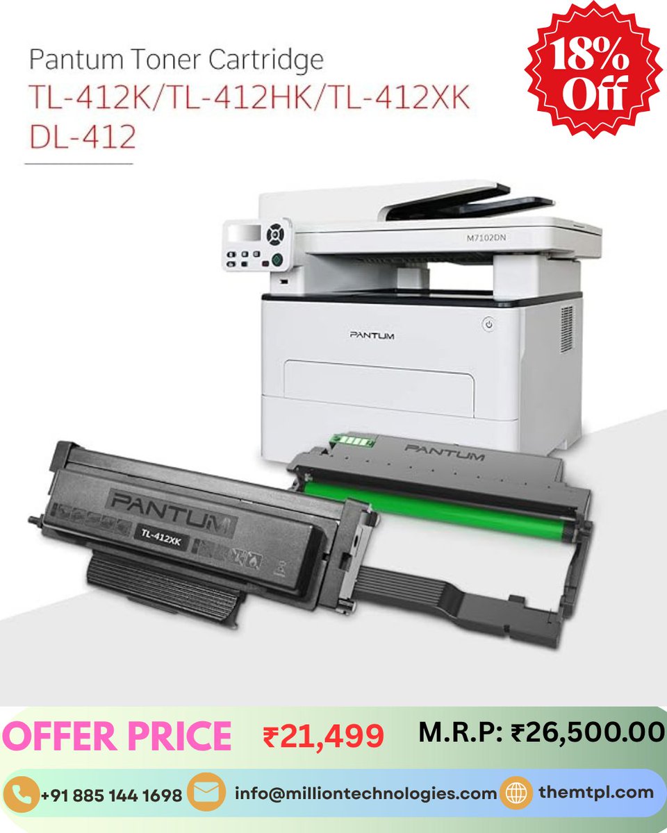 themtpl's tweet image. 🖨️ PANTUM M7102DN Laser MFP (B&amp;amp;W)

With ADF | Duplex Printing | Network Support

💰 MRP: ₹26,500
🔥 FLAT 18% OFF
💸 Now at: ₹21,499 only!

#PantumM7102DN #LaserPrinter #MultifunctionPrinter #OfficeEssentials #PantumIndia #THEMTPL #DuplexPrinter #ADFPrinter #NetworkPrinter
