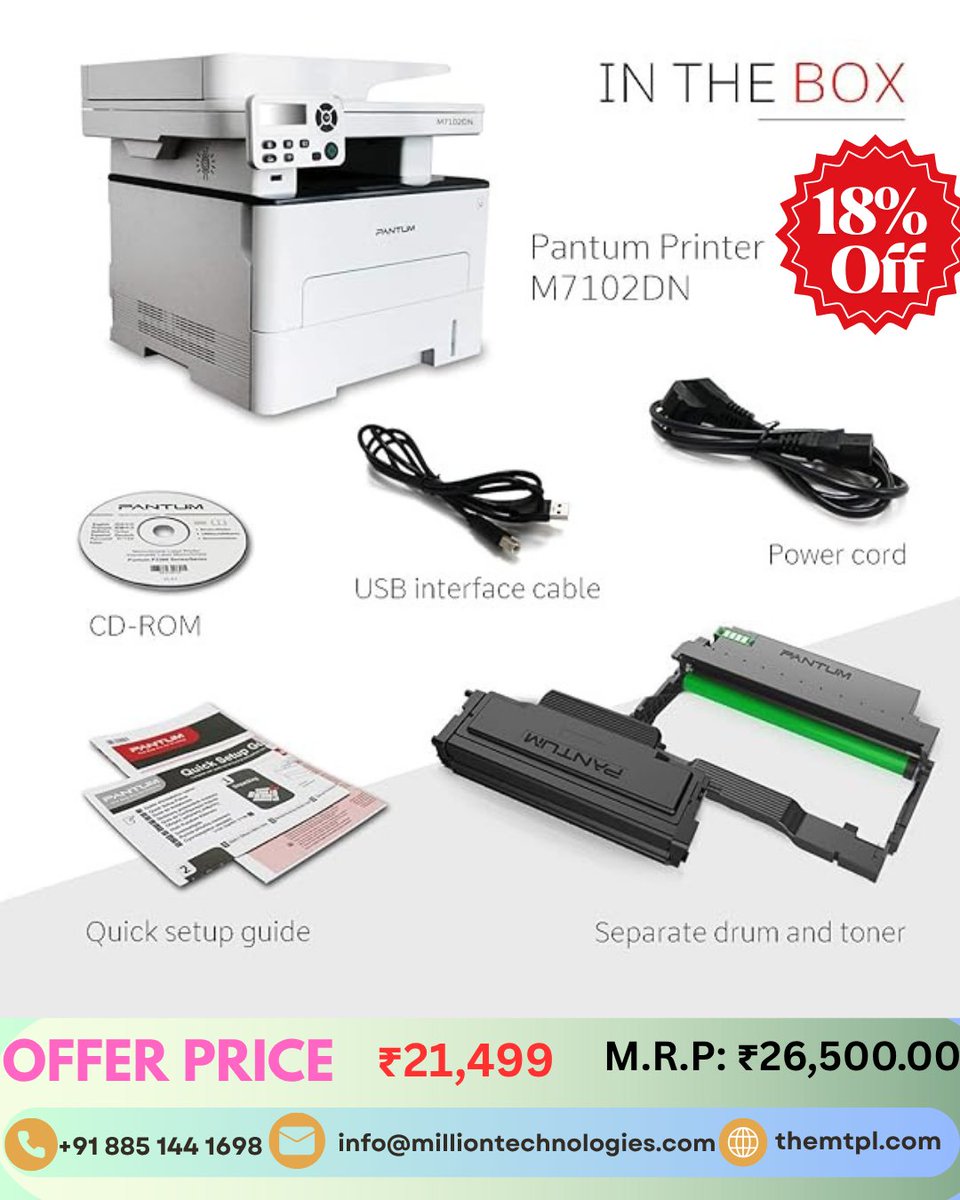 themtpl's tweet image. 🖨️ PANTUM M7102DN Laser MFP (B&amp;amp;W)

With ADF | Duplex Printing | Network Support

💰 MRP: ₹26,500
🔥 FLAT 18% OFF
💸 Now at: ₹21,499 only!

#PantumM7102DN #LaserPrinter #MultifunctionPrinter #OfficeEssentials #PantumIndia #THEMTPL #DuplexPrinter #ADFPrinter #NetworkPrinter