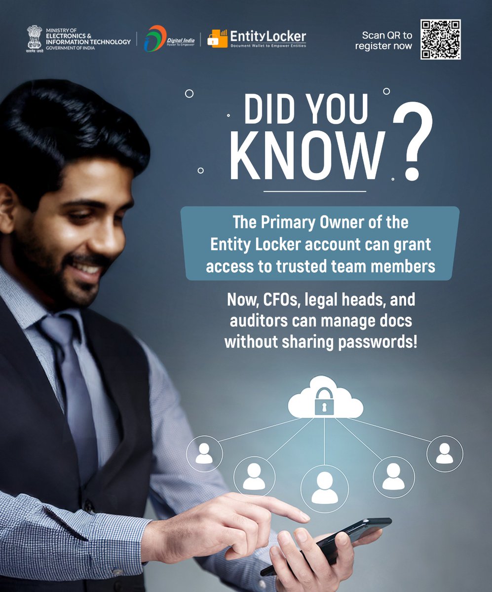 NeGD_GoI's tweet image. Assign access in Entity Locker and let your team manage the rest. 

entity.digilocker.gov.in  

#EntityLocker #DigitalIndia #SecureSharing 

@digilocker_ind