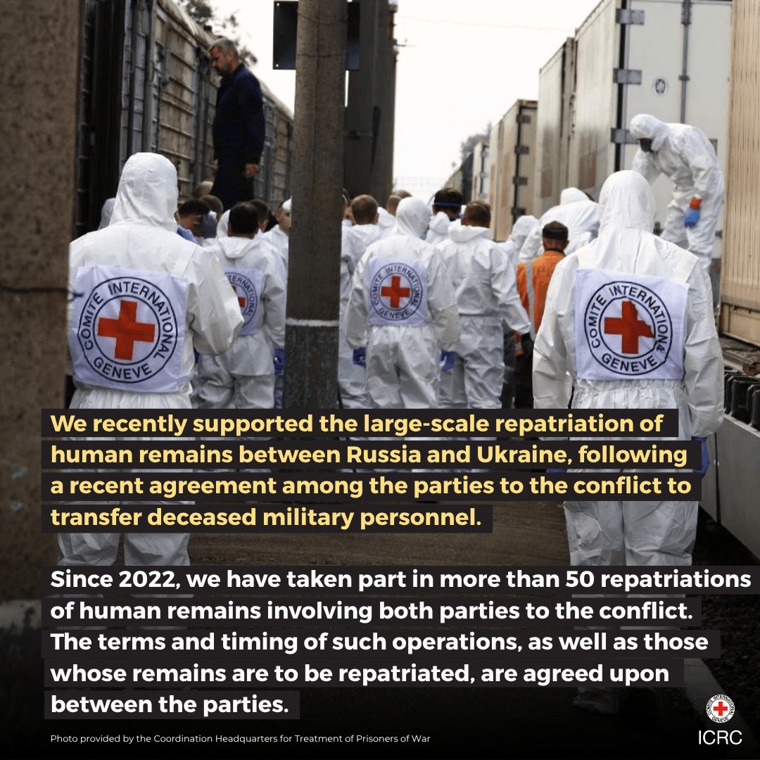 We recently supported the large-scale return of fallen soldiers’ remains between Russia and Ukraine, following an agreement between the parties to the conflict.

This step is vital for families seeking answers about their loved ones.

Read more 👉🏽 ms.spr.ly/6010SttI2