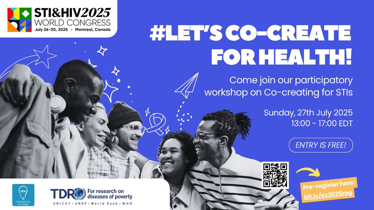Are you interested in learning more about co-creation for sexual health and contributing to a TDR practical guide? 

Join us for an energizing participatory workshop at the #STIHIV2025 World Congress in Montreal on the 27th of July at 1 pm EDT. 

Register: bit.ly/cc2025reg