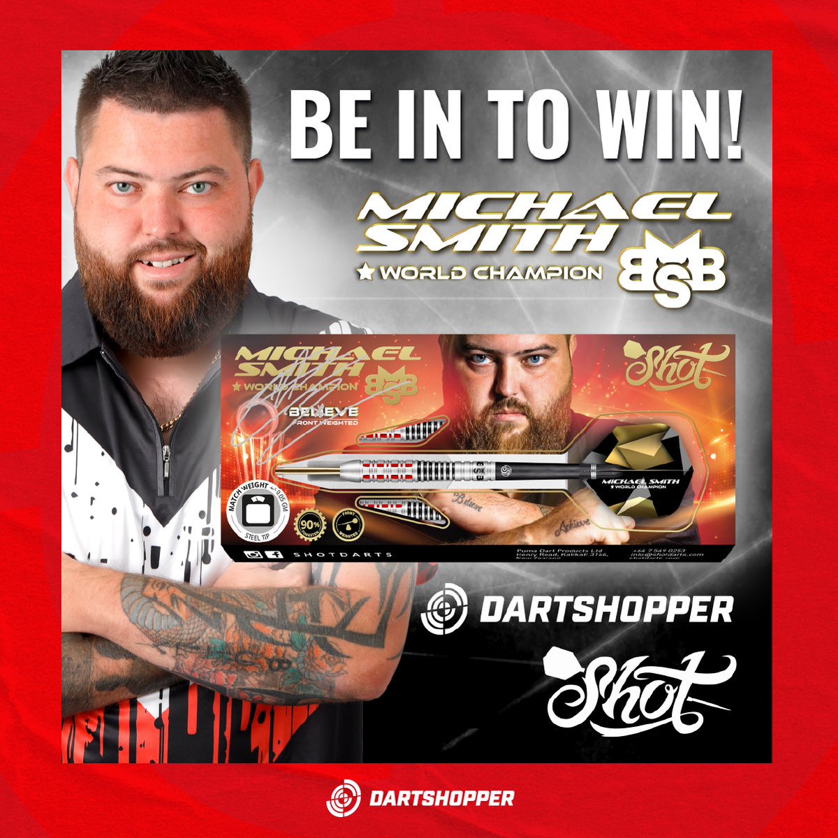 🚨 GIVEAWAY: Win signed Michael Smith Believe Darts darts! 🎯

How to enter:
1️⃣ Like our post on Instagram, Facebook, or X ❤️
2️⃣ Comment your preferred weight!

Tag a Bullyboy fan! 🏆
Ends: June 22nd, 2025. Winner chosen from 1 of our social channels.

#Giveaway #Darts #Shot