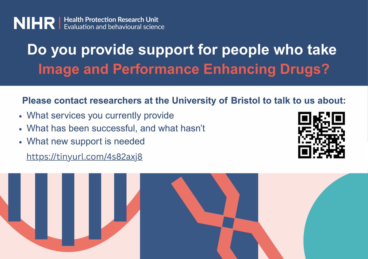 HPRU_EBS's tweet image. 📢Do you provide support services for people who use image and performance enhancing drugs?📢
@BristolUni researchers want to talk with you about your experiences. Learn more and sign up: tinyurl.com/4s82axj8 or scan the QR code.