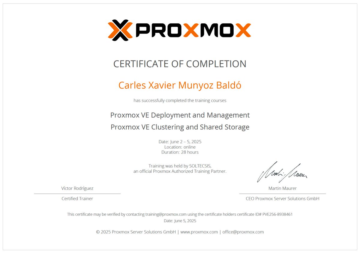 SOLTECSIS's tweet image. Seguimos aumentando nuestra plantilla de ingenieros certificados en hashtag#Proxmox VE de Proxmox Server Solutions. linkedin.com/posts/soltecsi…