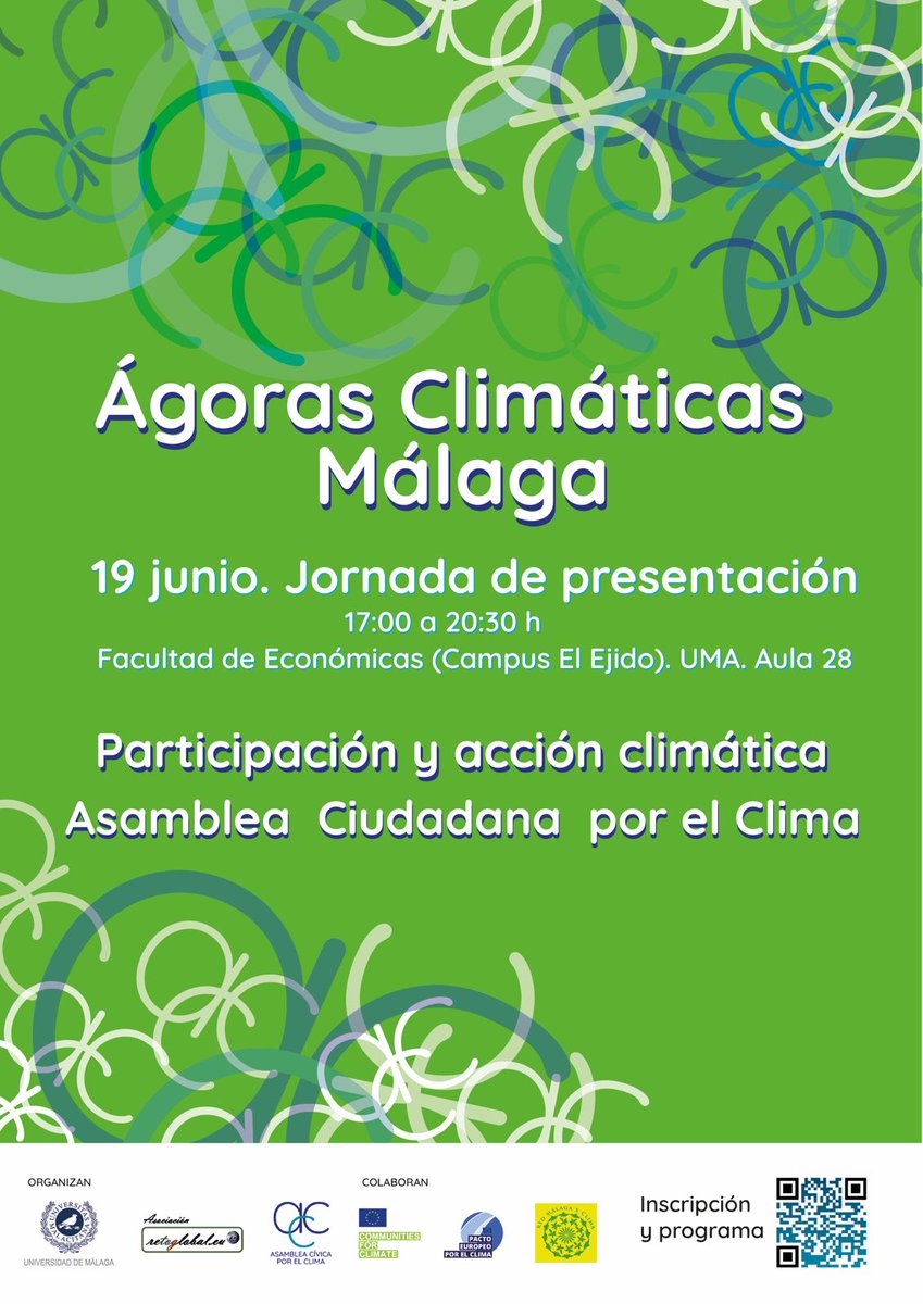 Este Jueves 19  jornada Taller Ágoras Climáticas Málaga de 17:00 a 20:30 horas, Aula 28 de la Facultad de Ciencias Económicas y Empresariales (Campus de El Ejido, UMA).
 inscripción gratuita, solo tienes que rellenar el enlace
📷inscripción
forms.gle/Xa84DG7KraAoXi…
¡Os esperamos