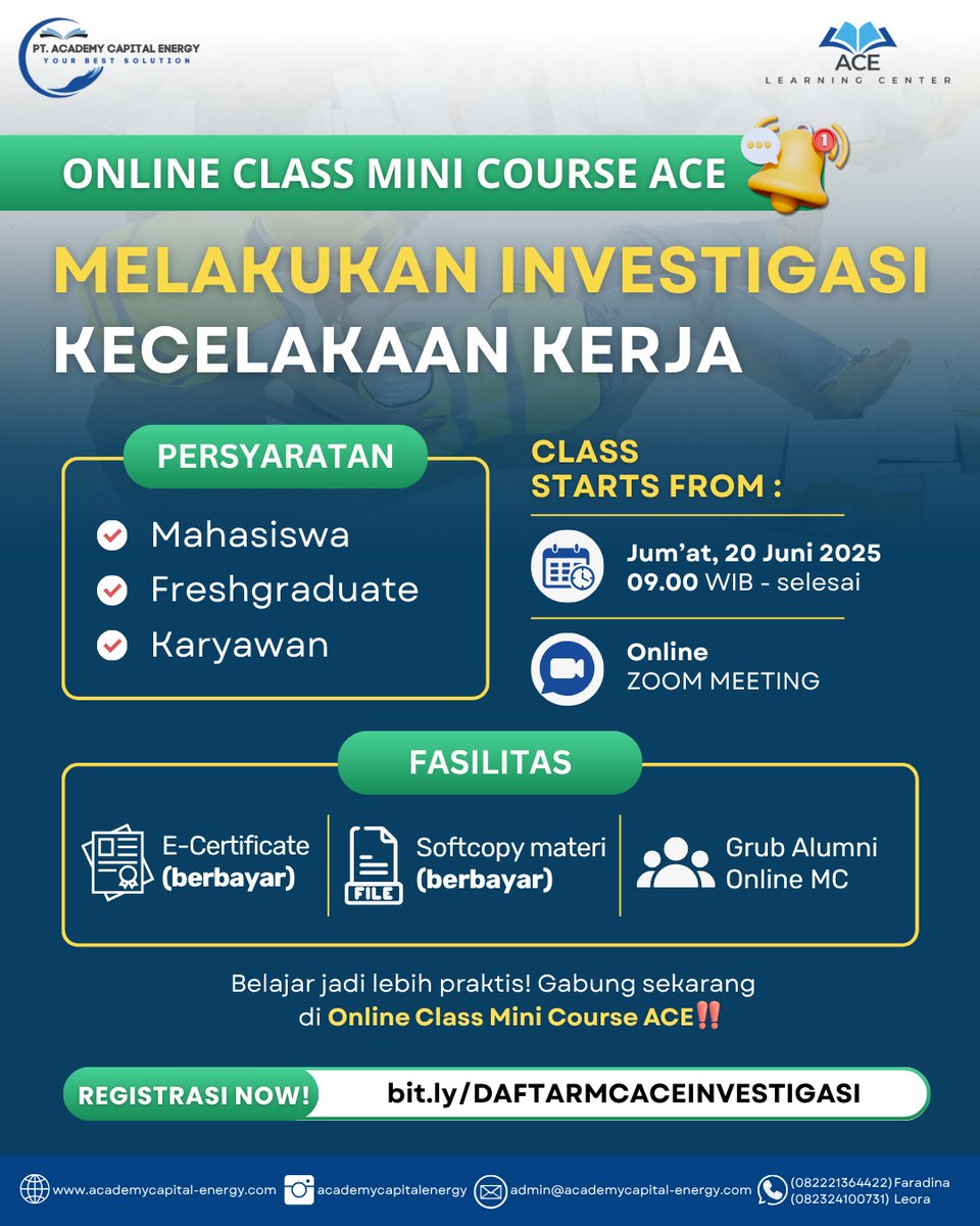 YUK SEGERA DAFTARKAN DIRI KAMU
BESOK!!!
MEMBUAT KESEPAKATAN KERJA : bit.ly/DAFTARMCKESEPA…
MELAKUKAN INVESTIGASI KECEKAKAAN KERJA : bit.ly/DAFTARMCACEINV…