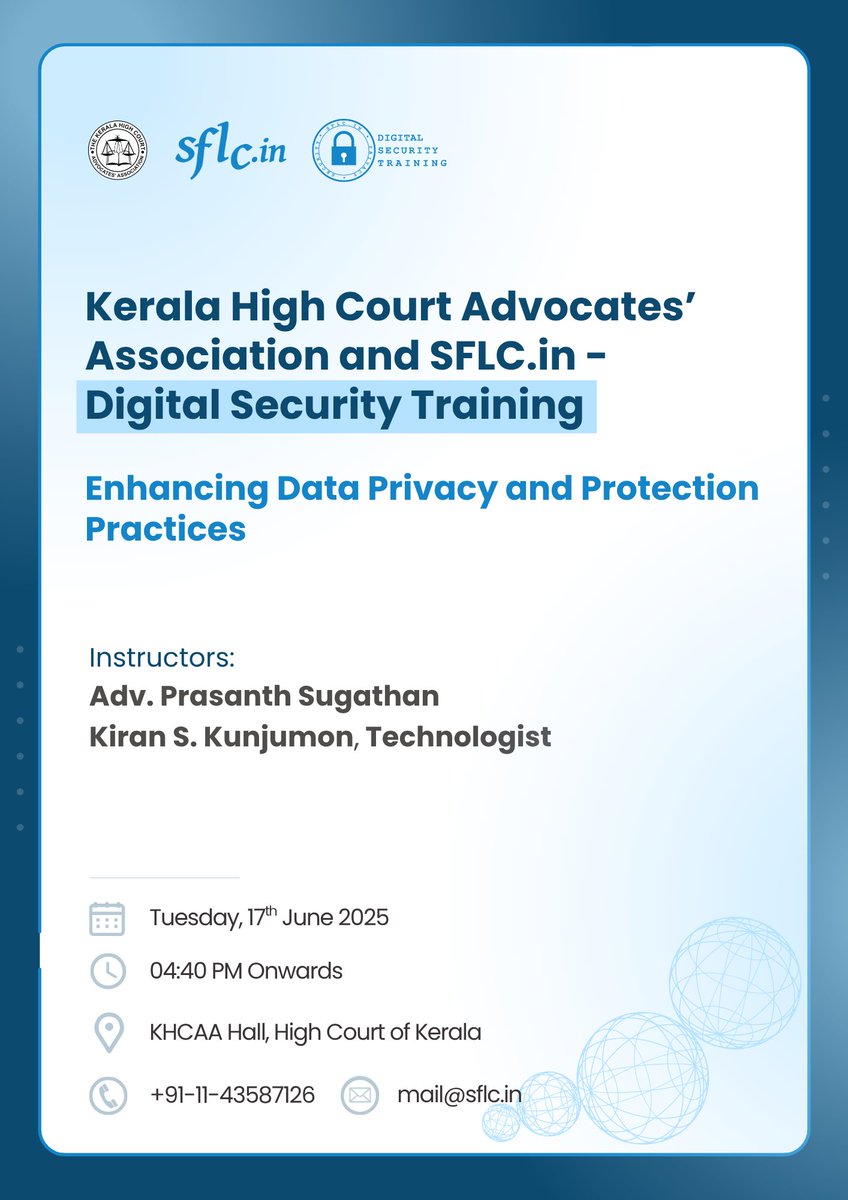 SFLCin's tweet image. #DigitalSecurityTraining #Kerala 

@SFLCin, in partnership with the Kerala High Court Advocates&apos; Association, is conducting an essential Digital Security Training exclusively for legal professionals today at KHCAA, High Court of Kerala.

Join this session to learn about:
🔹…
