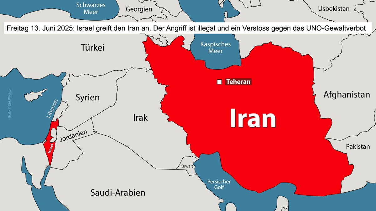 «Dieser Angriff Israels auf Iran war völkerrechtswidrig», kritisiert Kai Ambos, Professor für Straf- und Völkerrecht an der Universität Göttingen im Spiegel. Er hat recht, es war ganz klar ein illegaler Angriffskrieg. «Deutschland und die EU sollten deutlich sagen, dass es sich