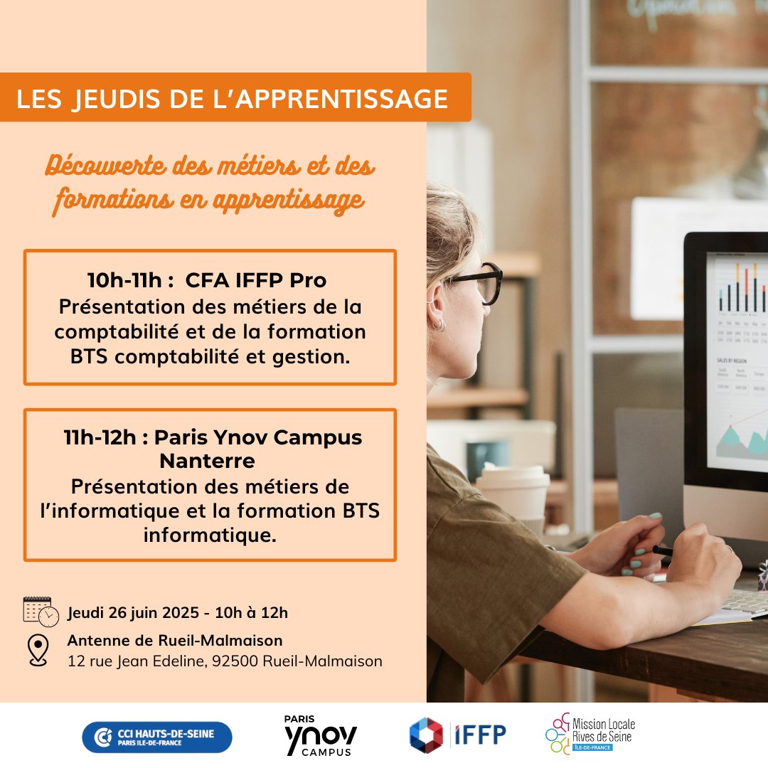Venez découvrir les métiers et les BTS du secteur de la comptabilité et de l'informatique ainsi que leurs débouchés, pendant les jeudis de l'apprentissage ! 💼🚀

Inscription via l'appli "Ma Mission locale" ou en contactant l'antenne de Rueil-Malmaison : mlrivesdeseine.com/antennes/