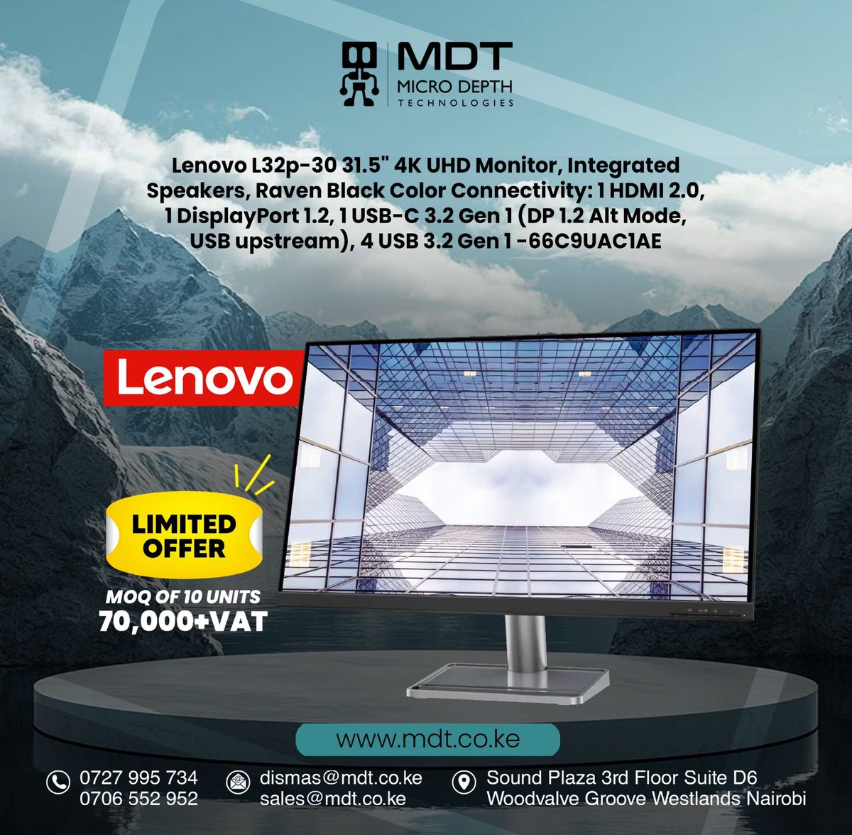 DepthLtd14961's tweet image. Sharp visuals meet sleek design.
Upgrade your workspace with the Lenovo L32p-30 4K Monitor—perfect for creators &amp;amp; analysts. MOQ 10 units @ 70,000 + VAT.
Visit our website mdt.co.ke for more!
#Lenovo4K #ProDisplay #TechDeals