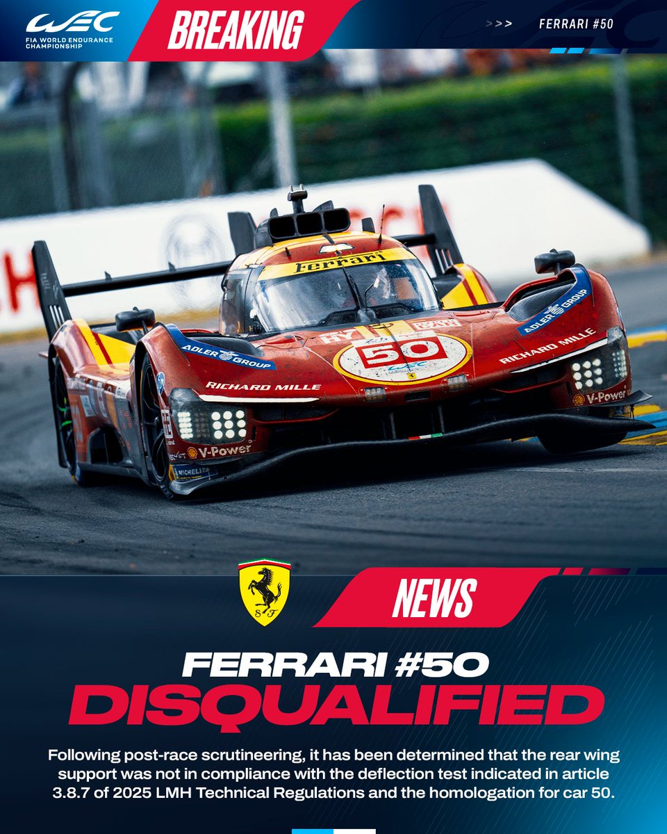 Ferrari #50 disqualified from Le Mans.

#WEC #LeMans24 #Ferrari
